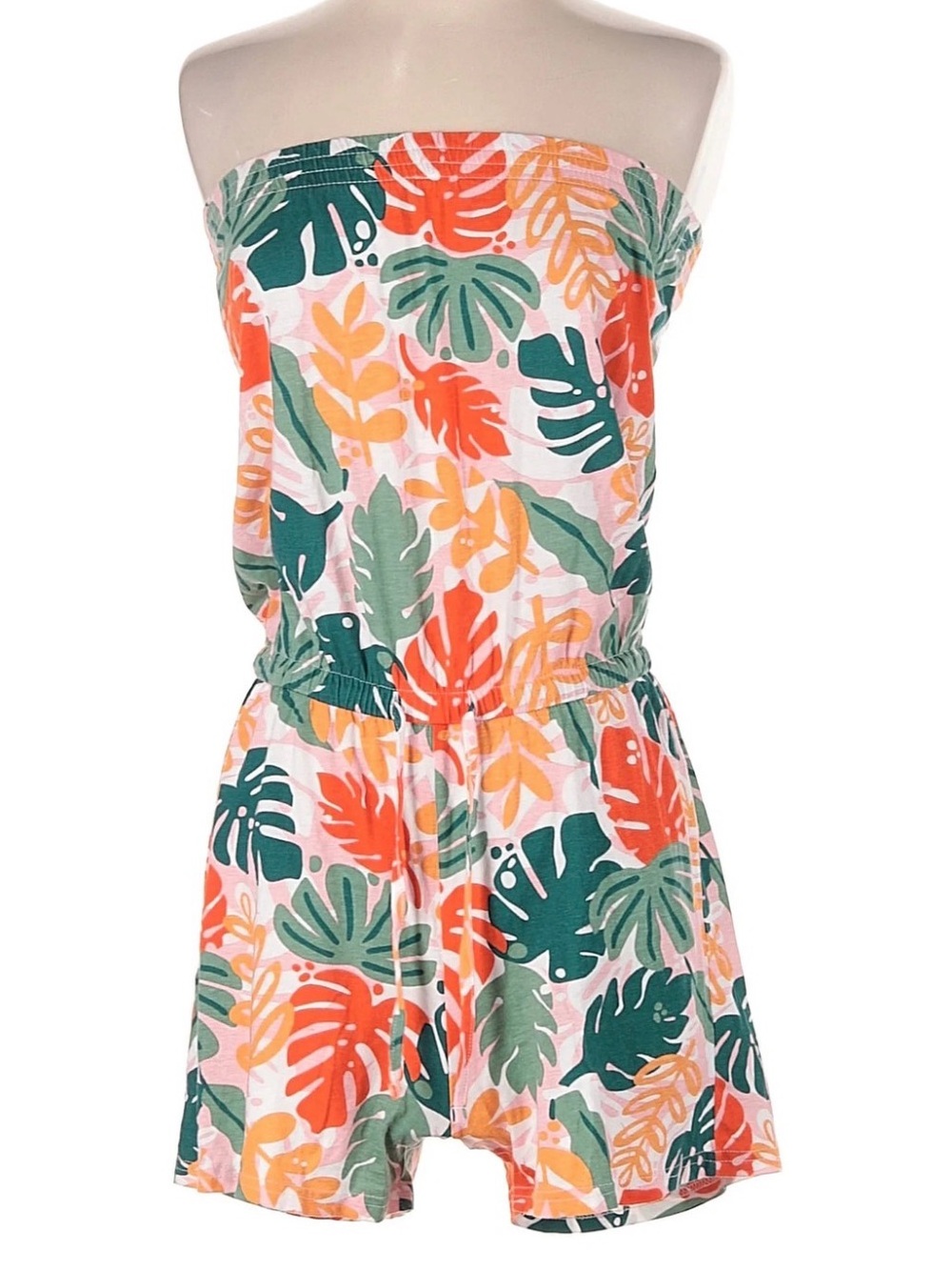 Serra bold tropical palm leaf print bandeau top shorts romper W drawstring NWT S